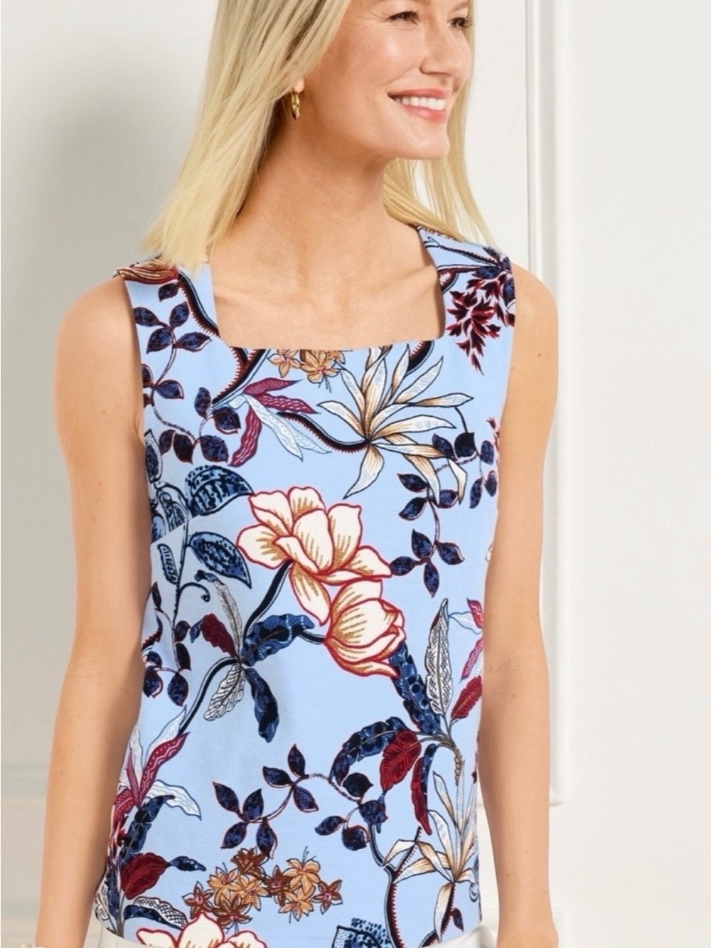 Talbots Ottoman Square Neck Shell Verdant Botanical Floral Top Blue Size Large